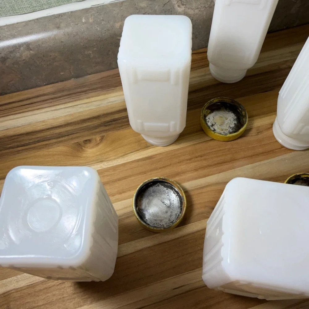 Vintage Griffiths Milk Glass Spice Jars Set of 9 White Art Deco Yellow Lids